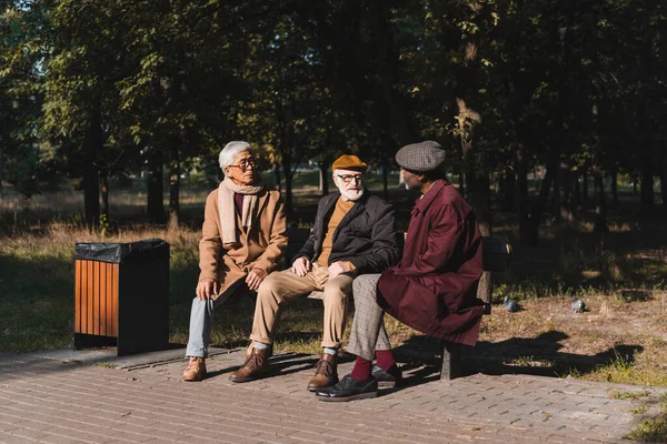 Interracial senior men talking on bench in autumn park