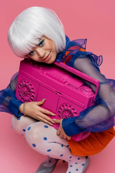 Happy Asian Model White Wig Holding Boombox Pink Background — Stock Photo, Image