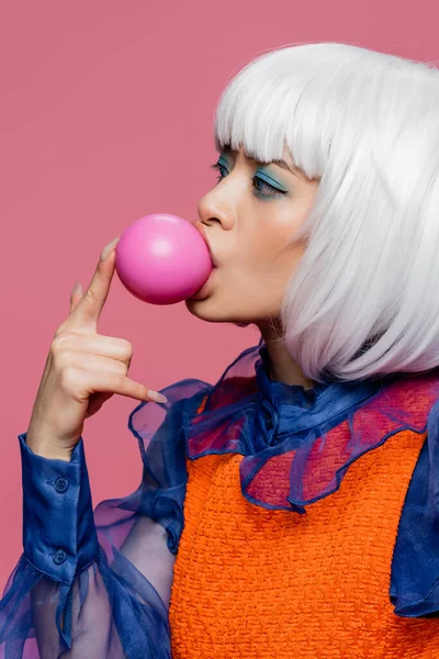 Asian Woman White Wig Blowing Bubble Gum Isolated Pink — Stock Photo, Image