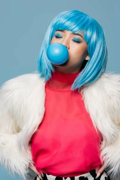 Stylish Asian Pop Art Woman Closed Eyes Blowing Bubble Gum — Stock Photo, Image