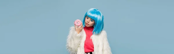 Trendy Asian Woman Holding Donut Isolated Blue Banner — Stock Photo, Image