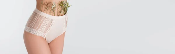 Vista cortada de mulher jovem em calcinha com flores floridas isoladas em branco, banner — Fotografia de Stock