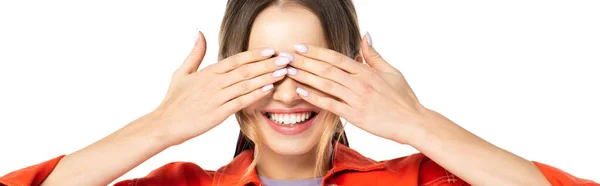 Happy woman covering eyes and smiling isolated on white, banner — Stock Photo