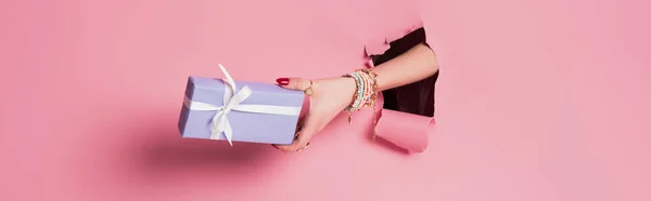 Cropped view of woman holding gift near pink background with hole, banner — Stock Photo