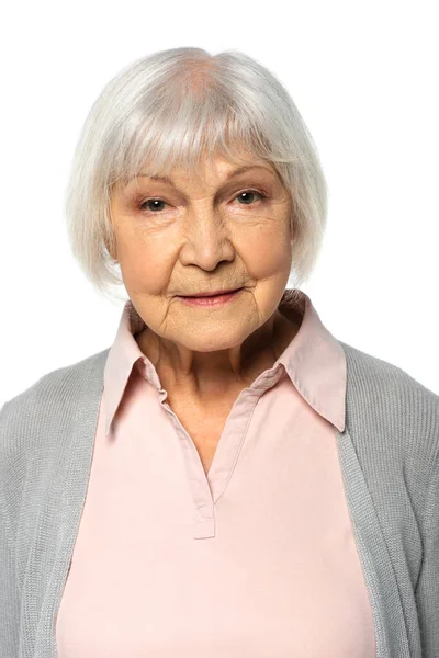 Senior woman looking at camera isolated on white — Stock Photo