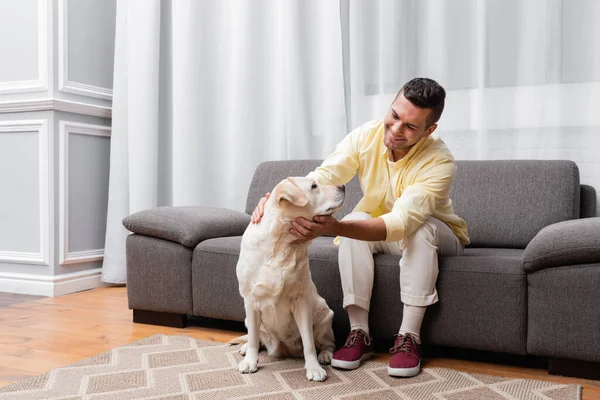 Homem alegre sentado no sofá e abraçando cão labrador — Fotografia de Stock