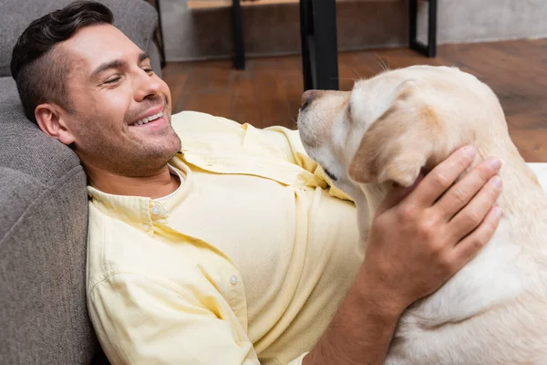 Lächelnder Mann streichelt Labrador-Hund auf Couch zu Hause — Stockfoto