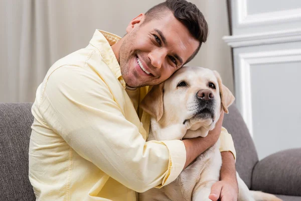 Zufriedener Mann lächelt in die Kamera, während er zu Hause Labrador knuddelt — Stockfoto