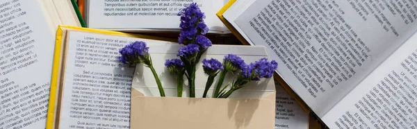 Vista superior de flores púrpuras en sobre en pila de libros, pancarta — Stock Photo