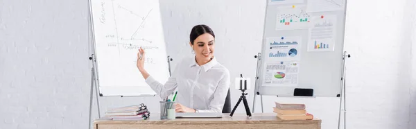 Femme d'affaires souriante pointant vers un tableau à feuilles mobiles tout en ayant un appel vidéo, une bannière — Photo de stock