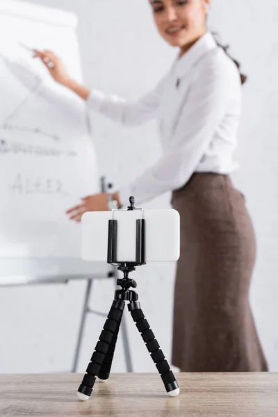 Smartphone on selfie stick near blurred businesswoman near flipchart during video call — Stock Photo