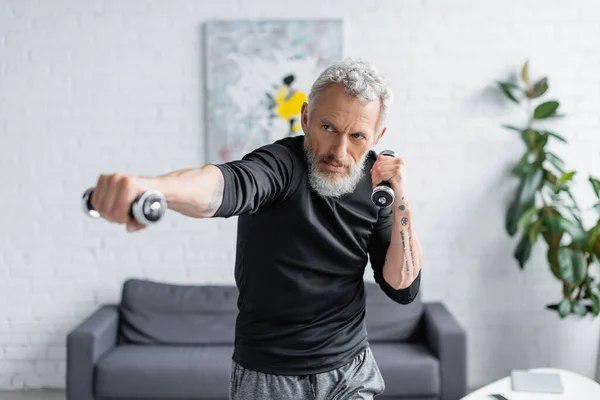 Hombre barbudo borroso haciendo ejercicio con pesas en la sala de estar - foto de stock