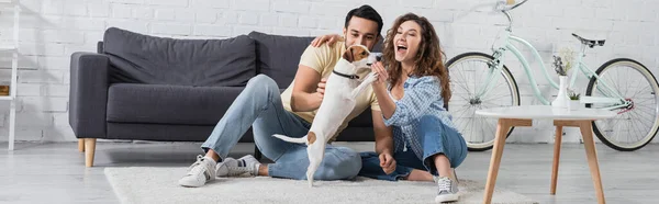 Feliz mujer alimentación perro cerca musulmán novio, bandera - foto de stock