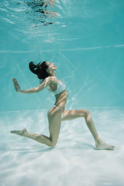 Morena joven en traje de baño blanco nadando en la piscina - foto de stock