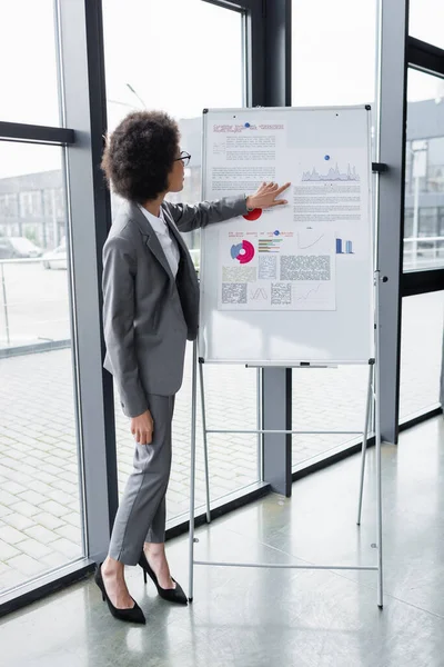 Vue latérale d'une femme d'affaires afro-américaine pointant des graphiques sur un tableau à feuilles mobiles — Photo de stock