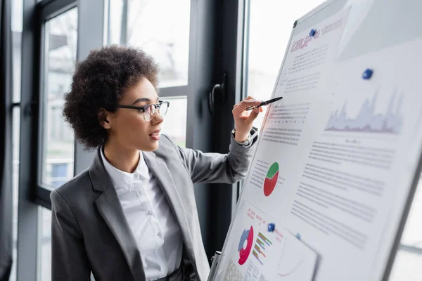 Femme d'affaires afro-américaine en lunettes pointant avec stylo sur tableau à feuilles avec graphiques — Photo de stock