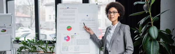 African american businesswoman looking away while pointing at flipchart in office, banner — Stock Photo