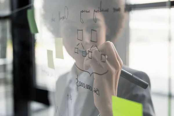 Blurred african american businesswoman drawing on glass board with sticky notes — Stock Photo