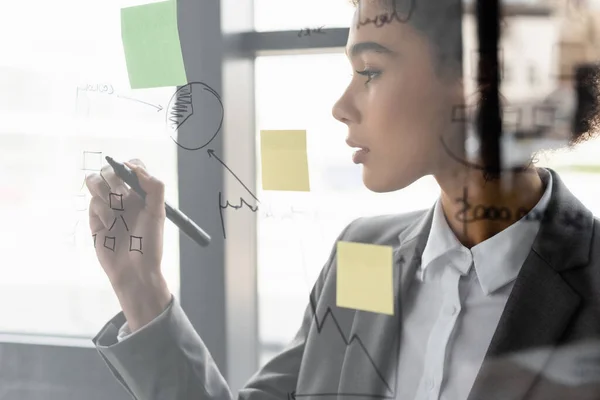 African american manager in formal wear drawing on glass board — Stock Photo