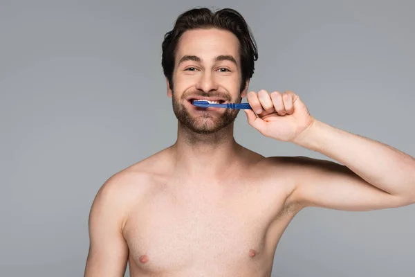 Glücklicher und hemdloser Mann beim Zähneputzen isoliert auf grau — Stockfoto