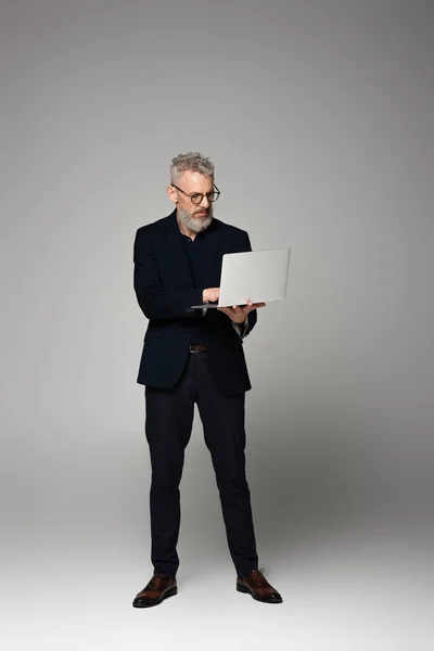 Повна довжина людини з сірим волоссям у костюмі, використовуючи ноутбук на сірому — стокове фото