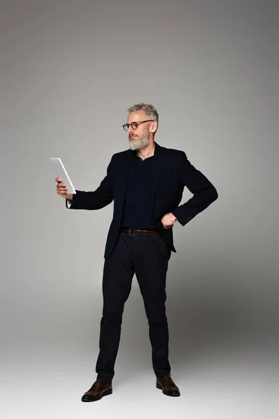 Full length of middle aged businessman with grey hair looking at digital tablet and posing on grey — Stock Photo