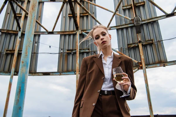 Низкий угол обзора молодой женщины, держащей бокал вина на крыше — стоковое фото