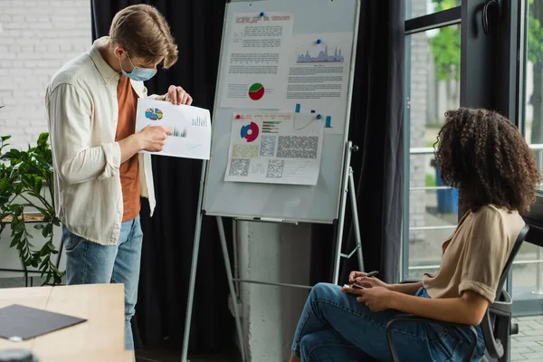 Young man in medical mask pointing with finger at paper with graphs near african american colleague in office — Stock Photo