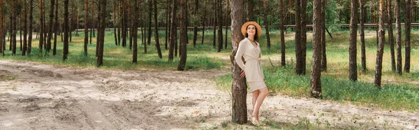 Comprimento total de alegre jovem mulher em chapéu de palha em pé na floresta, bandeira — Fotografia de Stock