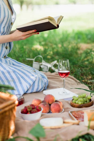 Vista cortada de mulher lendo livro perto de comida e vinho no parque — Fotografia de Stock