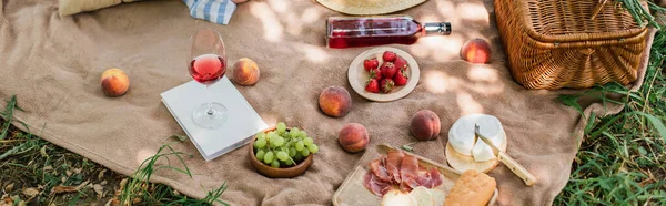 Libro, sabrosas frutas y vino en manta en el parque, pancarta - foto de stock