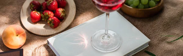 Copa de vino en libro cerca de frutas en manta, bandera - foto de stock