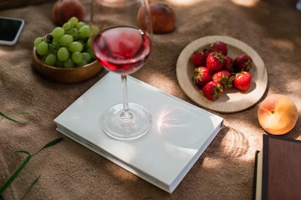Frutas, livros e copos de vinho sobre cobertor — Fotografia de Stock