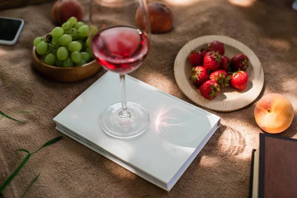 Fruits, books and glass of wine on blanket — Stock Photo
