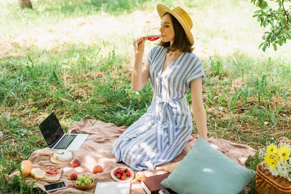 Mujer bonita bebiendo vino cerca de dispositivos y comida en el parque - foto de stock