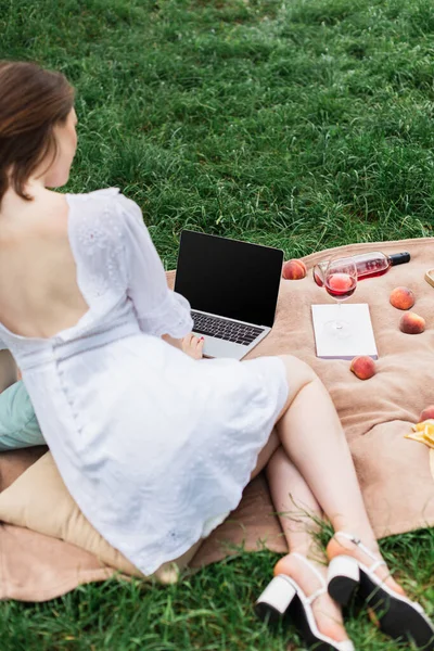 Розмита жінка використовує ноутбук з порожнім екраном біля вина та фруктів на траві в парку — стокове фото