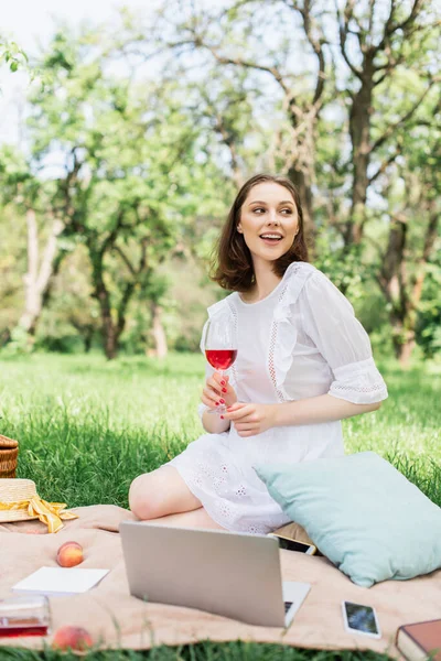 Mujer sonriente sosteniendo copa de vino cerca de dispositivos, melocotones y sombrero de sol en el parque - foto de stock