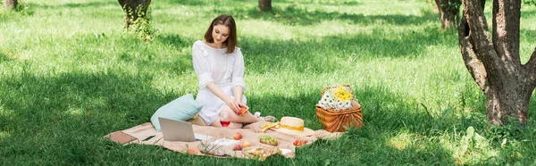 Woman in dress holding fruit and looking at laptop during picnic in park, banner — Stock Photo