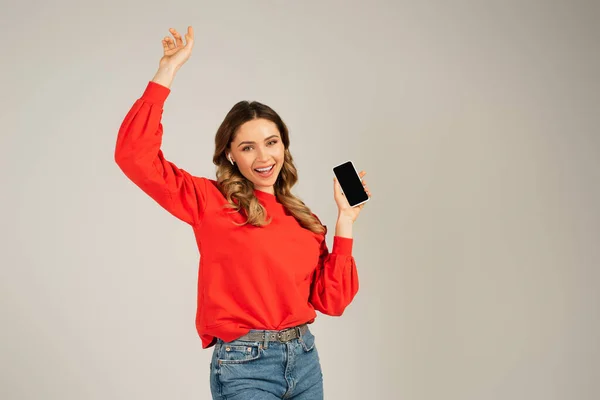 Mujer alegre en auriculares inalámbricos sosteniendo teléfono inteligente con pantalla en blanco aislado en gris - foto de stock