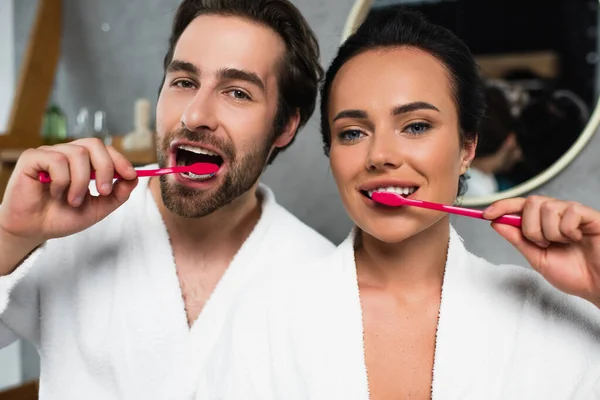 Happy young couple in white bathrobes brushing teeth — Stock Photo