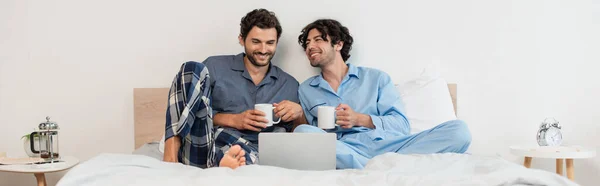 Feliz gay homens assistindo filme no laptop e segurando copos de chá, banner — Fotografia de Stock