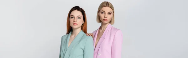 Young blonde and redhead women in pink and blue pastel suits posing isolated on grey, banner — Stock Photo
