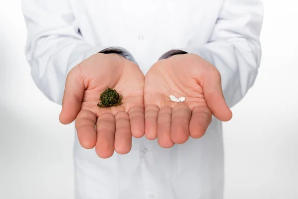 Частковий вигляд лікаря, який тримає таблетки і сухий медичний канабіс ізольований на білому — стокове фото