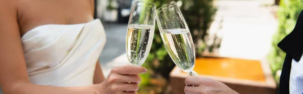Vista cortada do casal do mesmo sexo clinking com champanhe durante o casamento, banner — Fotografia de Stock
