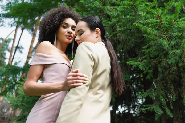 Vista de ángulo bajo de la mujer lesbiana afroamericana abrazando a su novia en ropa formal en el parque - foto de stock