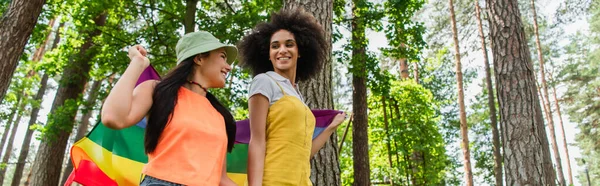 Low angle view of smiling african american woman holding lgbt flag with girlfriend outdoors, banner — Stock Photo