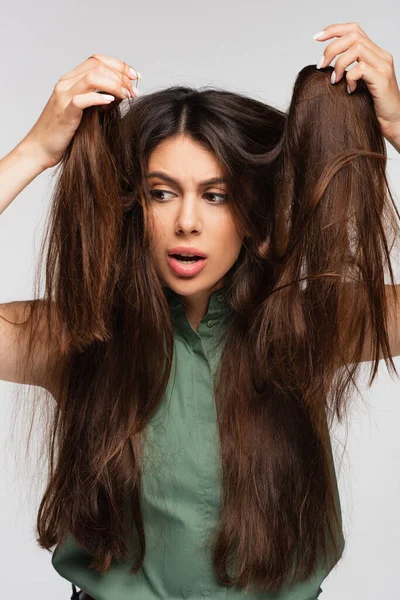 Giovane donna insoddisfatta guardando i capelli lunghi aggrovigliati isolati su grigio — Foto stock