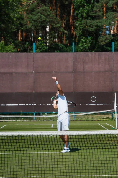 Deportista jugando al tenis cerca de red borrosa en la cancha - foto de stock