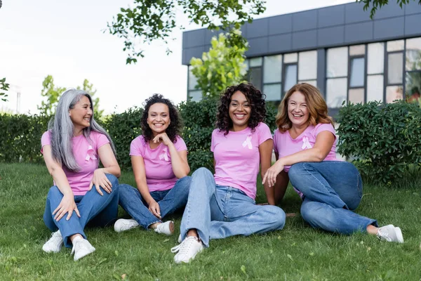 Mulheres multiétnicas positivas com fitas de consciência do câncer de mama olhando para a câmera na grama — Fotografia de Stock