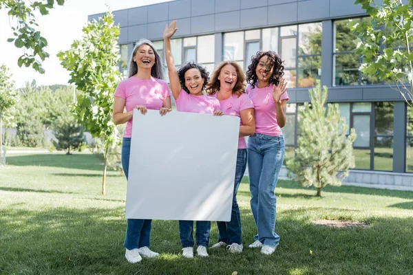 Mulheres multiculturais alegres com fitas de consciência de câncer de mama segurando cartaz na grama — Fotografia de Stock